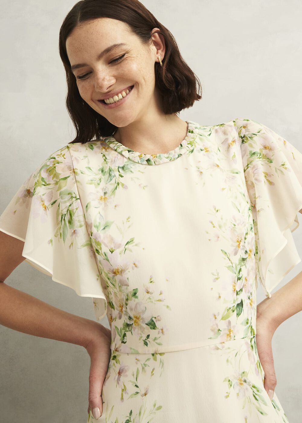 Primus-Plait Neck Floral Silk Dress
