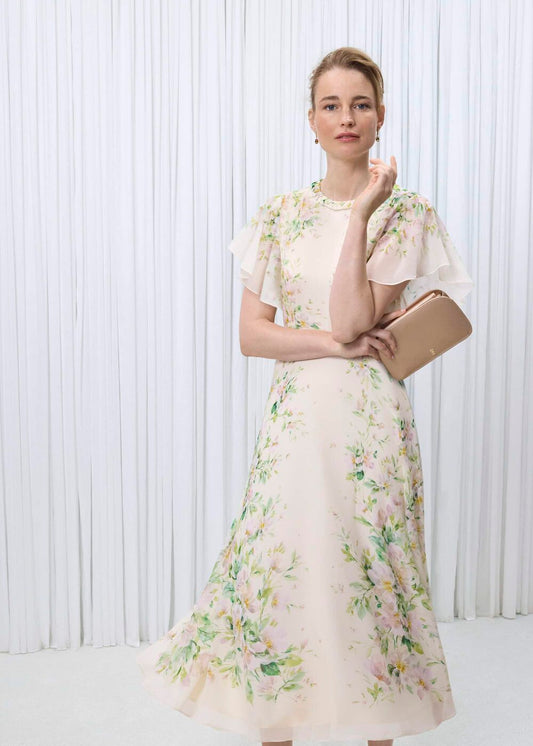 Primus-Plait Neck Floral Silk Dress